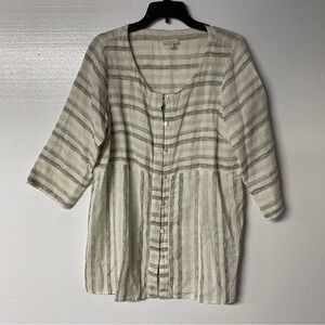 J.Jill Shirt Women M Piette Ivory Black Pure Jill Scope Neck Striped Linen Blend